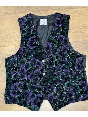 Vintage TanJay Black Velvet Floral Vest with Purple, Teal & Gold Accents